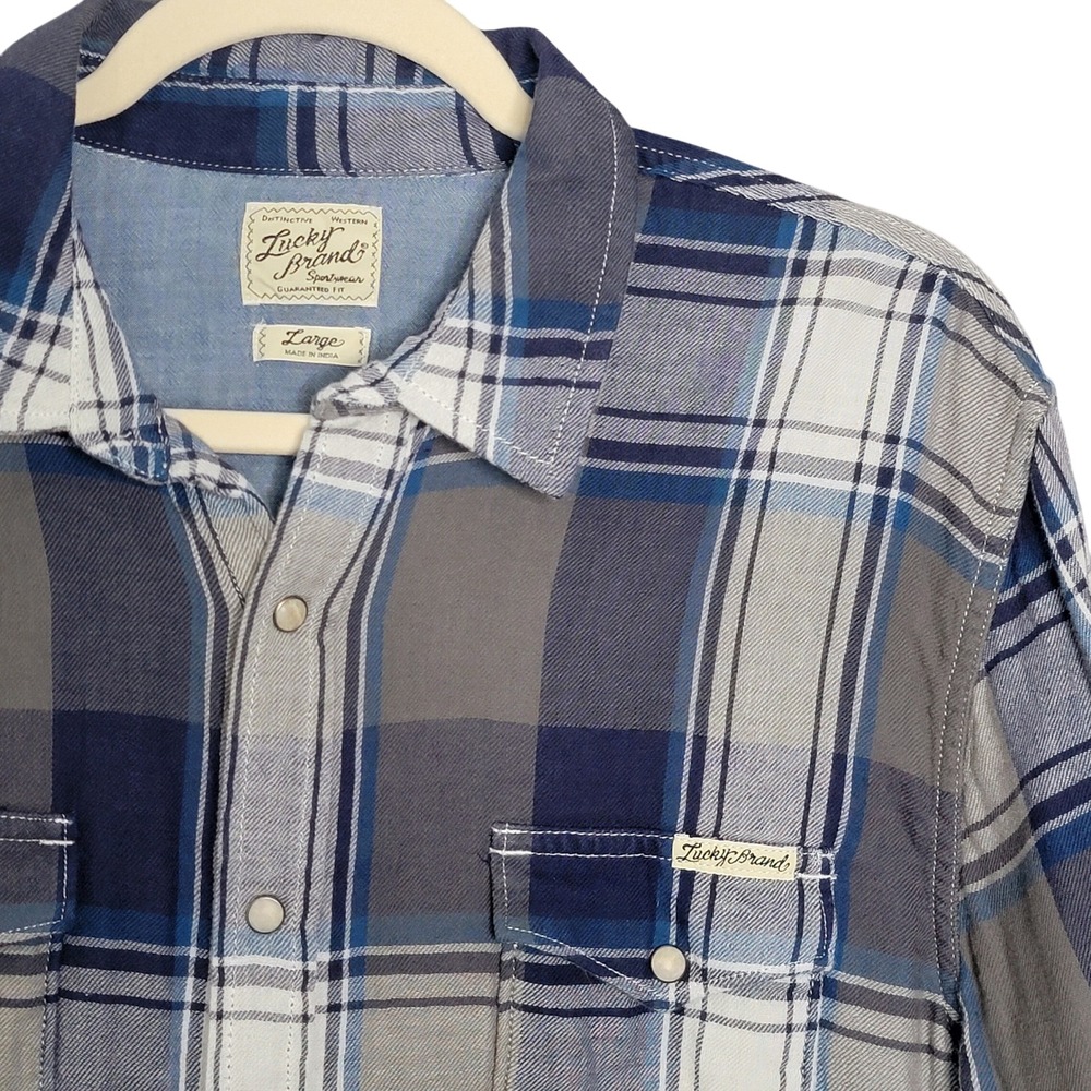 Lucky Brand Plaid Western Shirt Large Blue Grey Pearl Snap Long Sleeve Rodeo